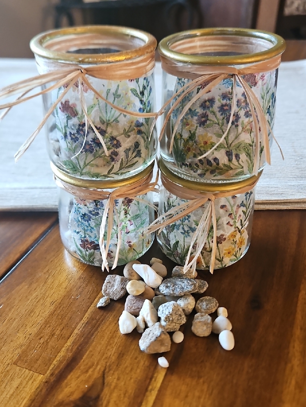 Decopaged Floral Glass Jars. Gold Painted Rim & Wrapped w/ Raffia Filled w/stone